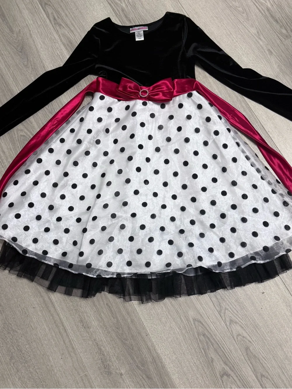 Emily West Black Velvet & White Polka Dot Party Dress with Berry Sash